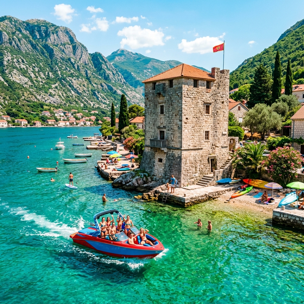 Historic Bajova Kula stone tower on crystal clear water