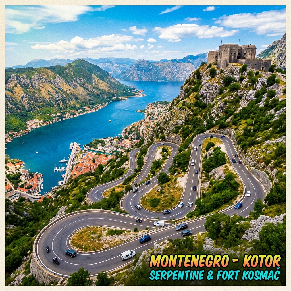 Spectacular serpentine road climbing the Kotor bay