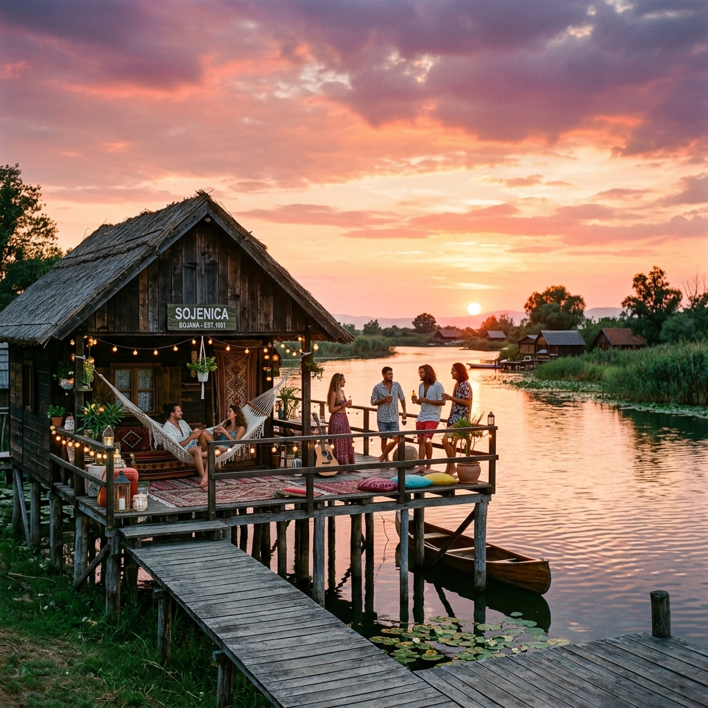 A wooden cabin on stilts on the Bojana river under sunset